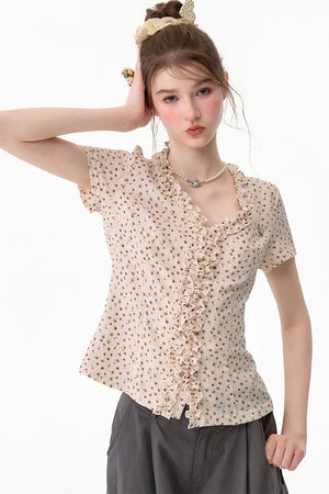 Apricot Polka Dot Lace V-Neck T-Shirt
