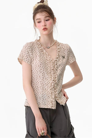 Apricot Polka Dot Lace V-Neck T-Shirt