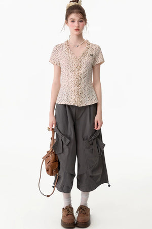 Apricot Polka Dot Lace V-Neck T-Shirt