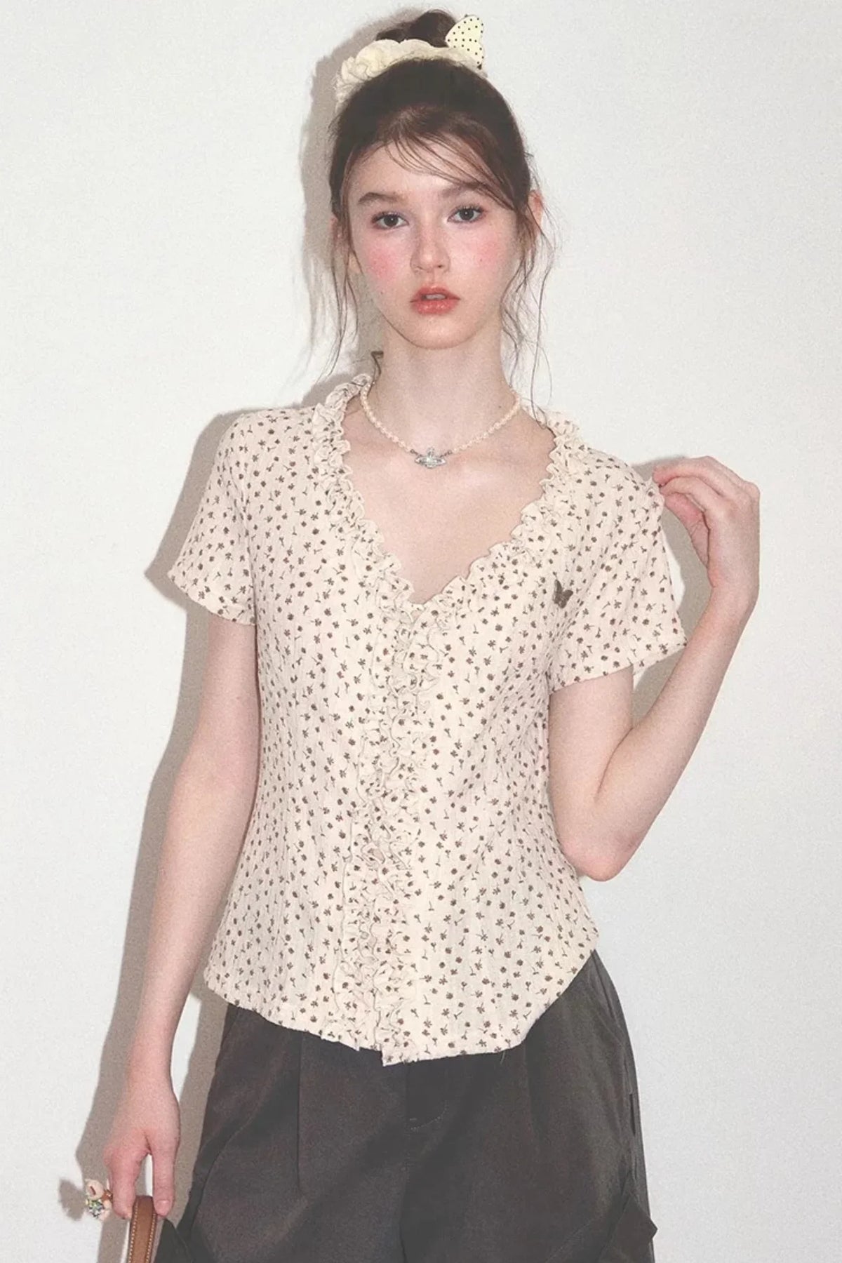 Apricot Polka Dot Lace V-Neck T-Shirt