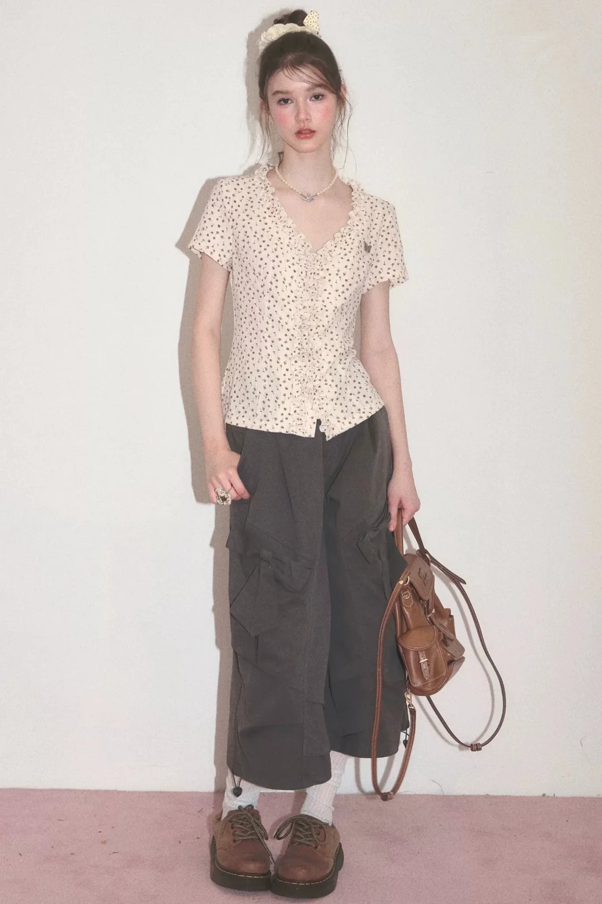 Apricot Polka Dot Lace V-Neck T-Shirt