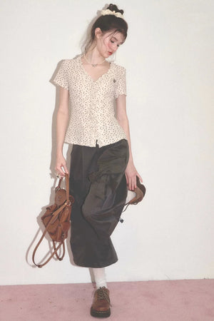 Apricot Polka Dot Lace V-Neck T-Shirt