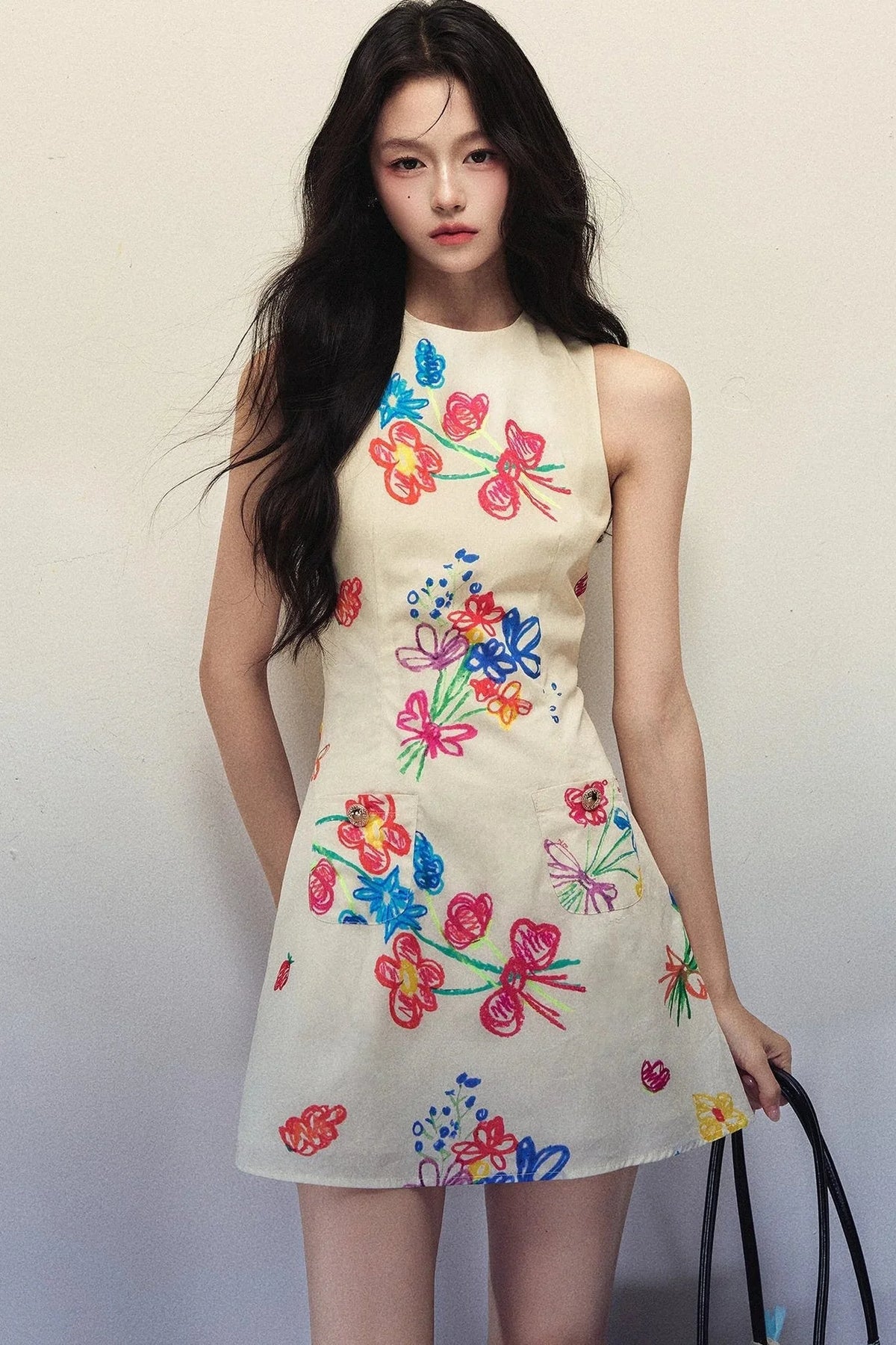 Artistic Hand-Painted Floral Sleeveless Dress
