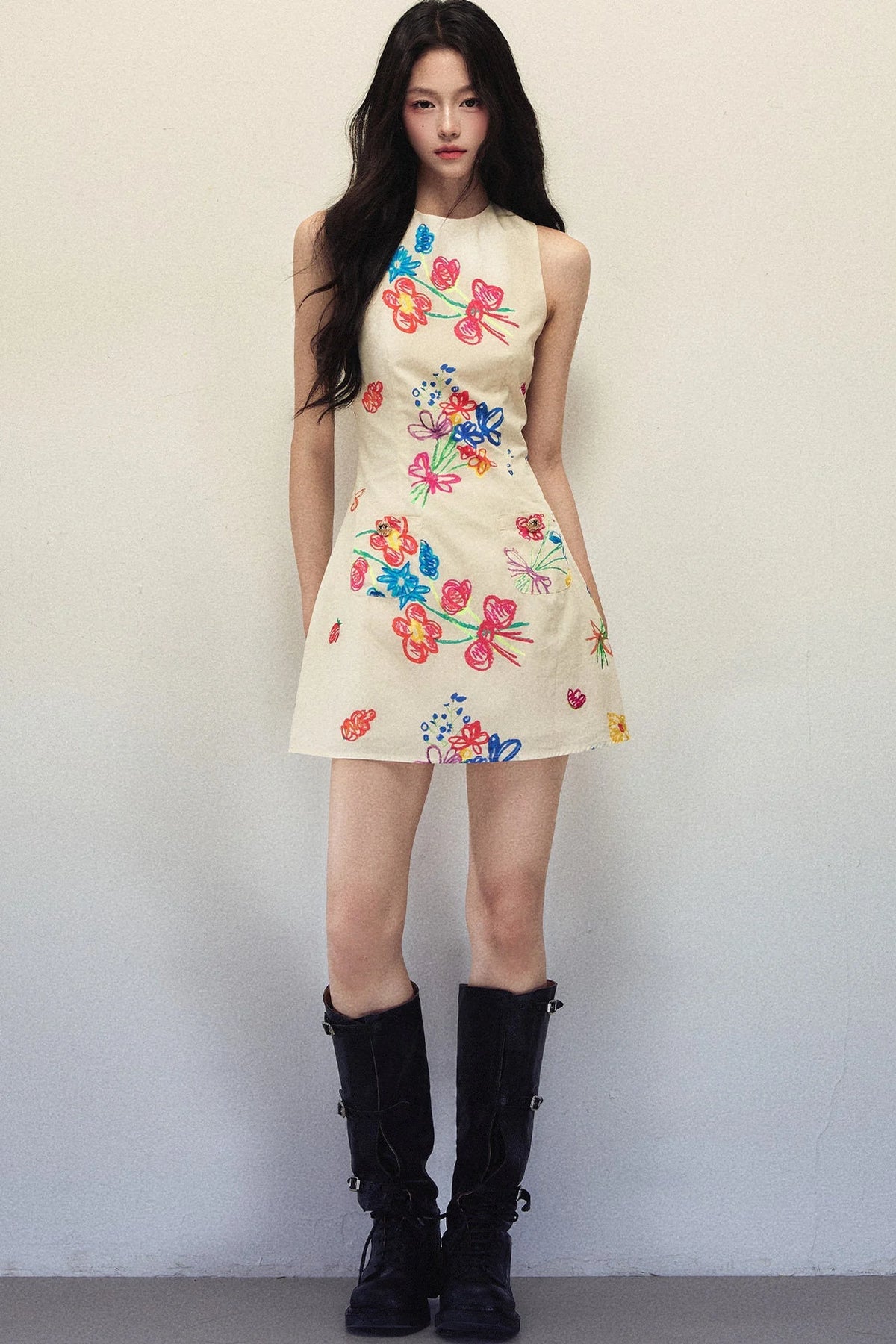 Artistic Hand-Painted Floral Sleeveless Dress