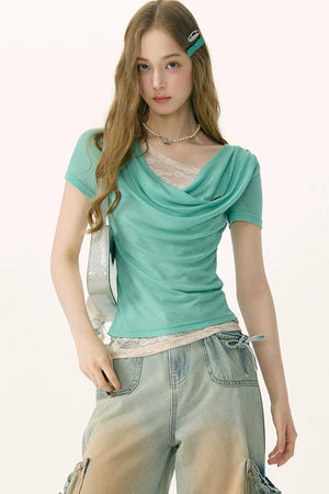Asymmetric Mint Green Lace Top