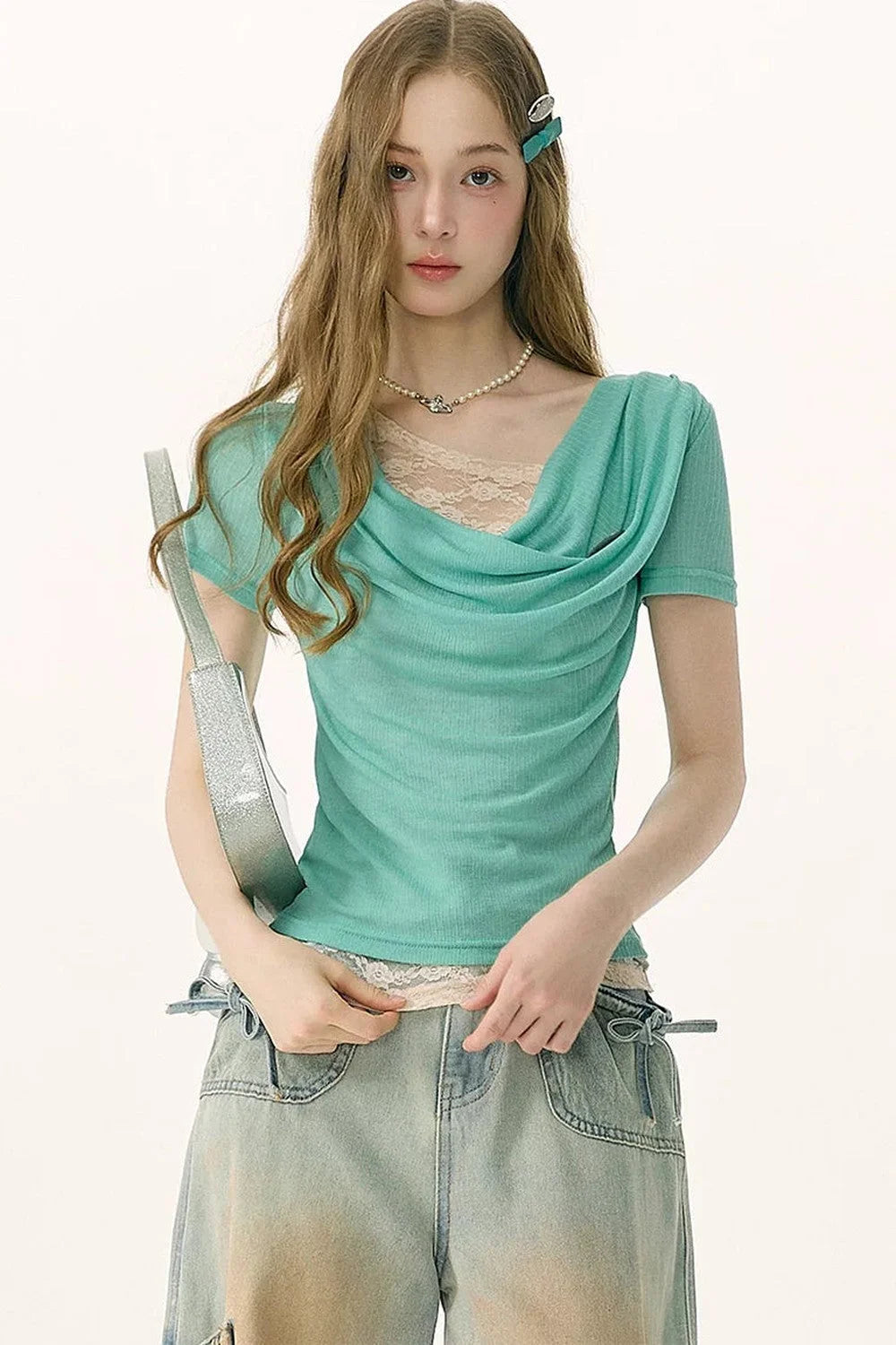 Asymmetric Mint Green Lace Top