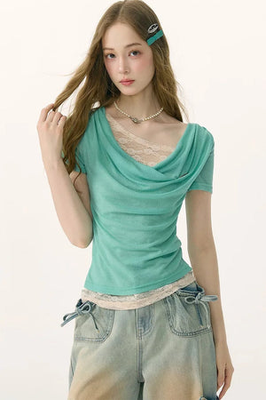 Asymmetric Mint Green Lace Top