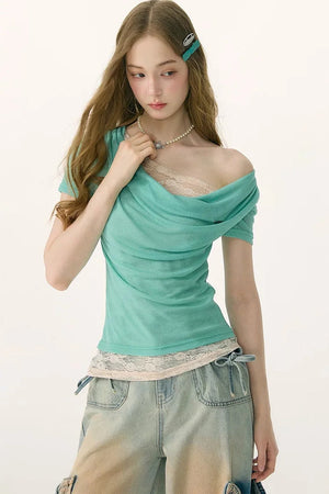 Asymmetric Mint Green Lace Top
