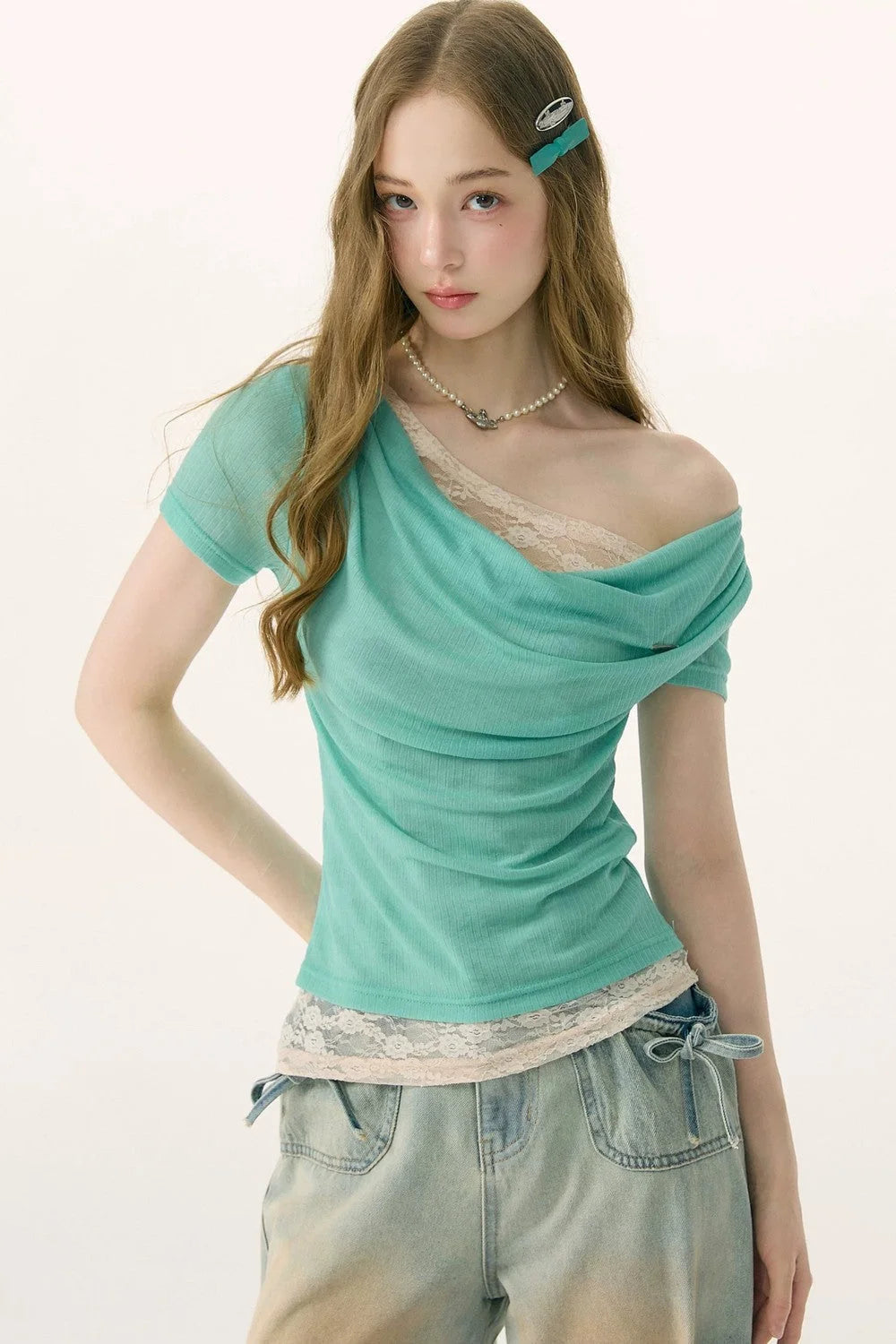 Asymmetric Mint Green Lace Top