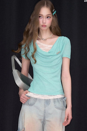 Asymmetric Mint Green Lace Top