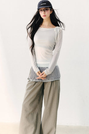 Asymmetric Off-Shoulder Tie-Up Color Block Long Sleeve Top