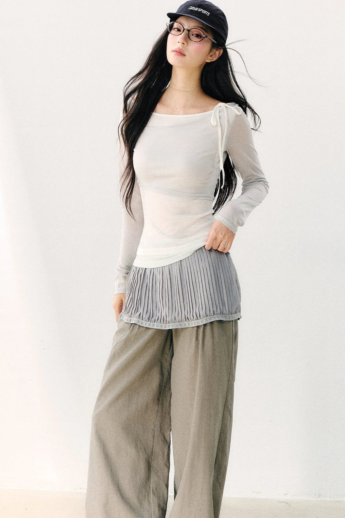 Asymmetric Off-Shoulder Tie-Up Color Block Long Sleeve Top