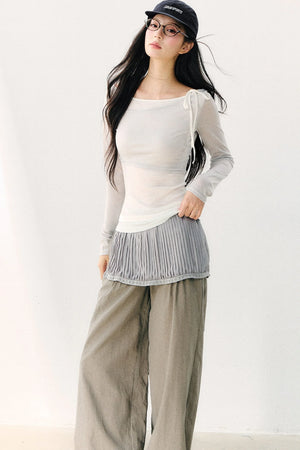 Asymmetric Off-Shoulder Tie-Up Color Block Long Sleeve Top