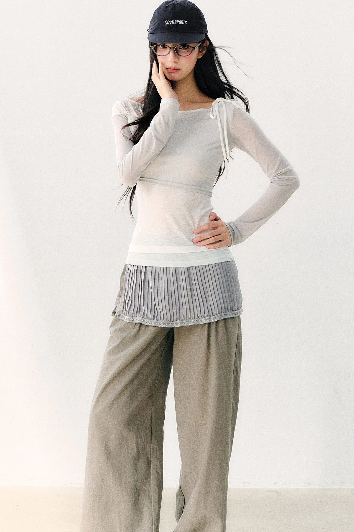 Asymmetric Off-Shoulder Tie-Up Color Block Long Sleeve Top