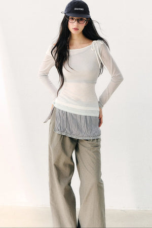 Asymmetric Off-Shoulder Tie-Up Color Block Long Sleeve Top