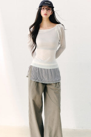 Asymmetric Off-Shoulder Tie-Up Color Block Long Sleeve Top