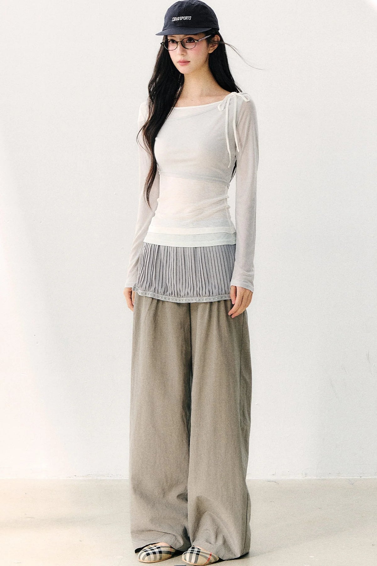 Asymmetric Off-Shoulder Tie-Up Color Block Long Sleeve Top