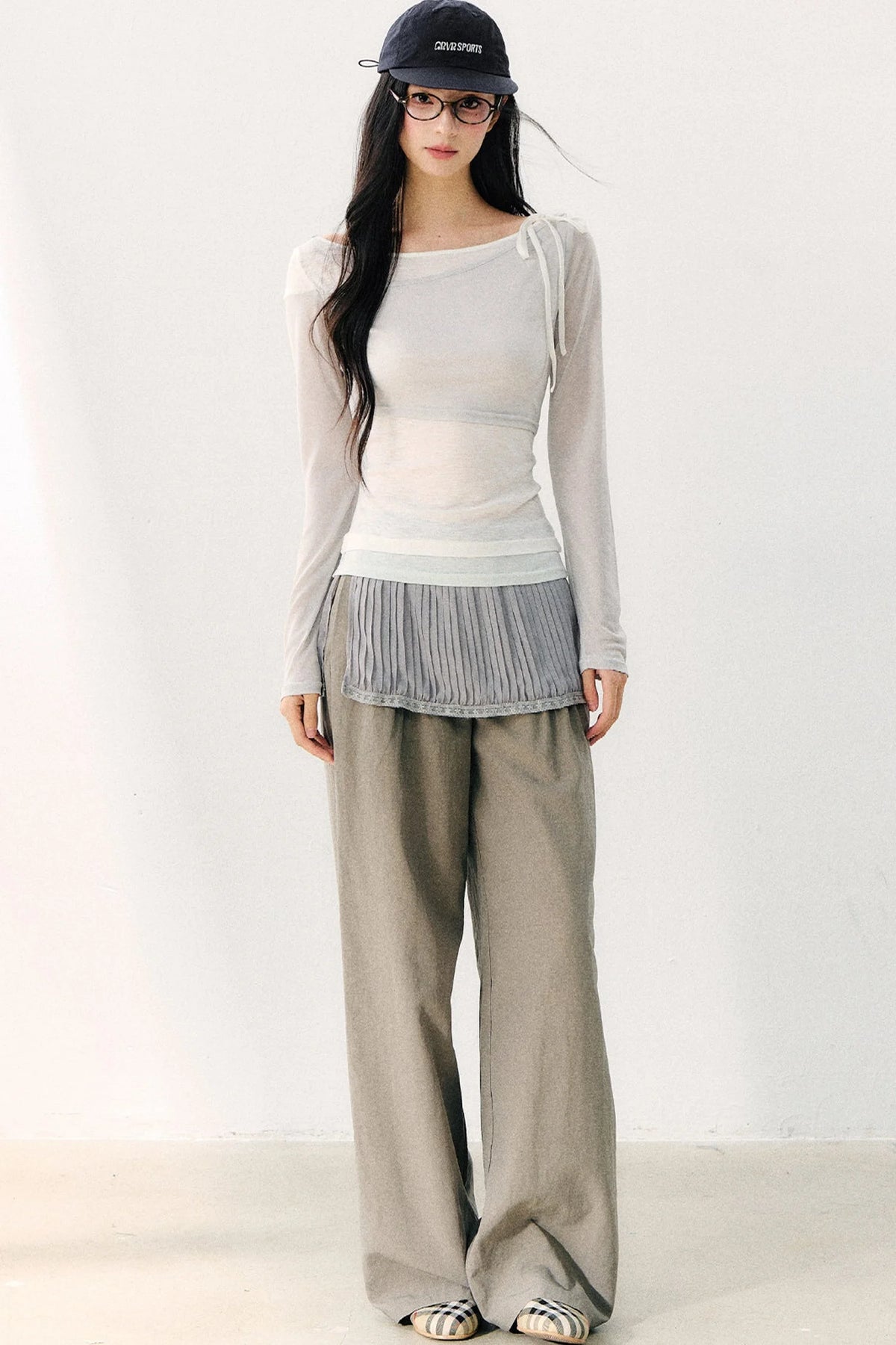 Asymmetric Off-Shoulder Tie-Up Color Block Long Sleeve Top