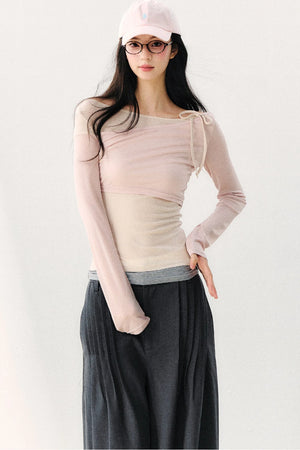 Asymmetric Off-Shoulder Tie-Up Color Block Long Sleeve Top