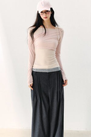 Asymmetric Off-Shoulder Tie-Up Color Block Long Sleeve Top