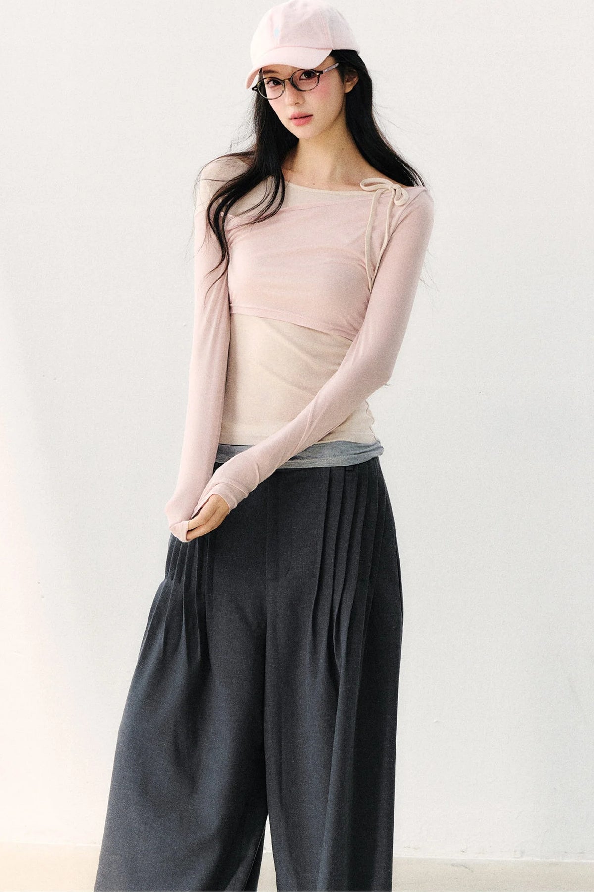 Asymmetric Off-Shoulder Tie-Up Color Block Long Sleeve Top