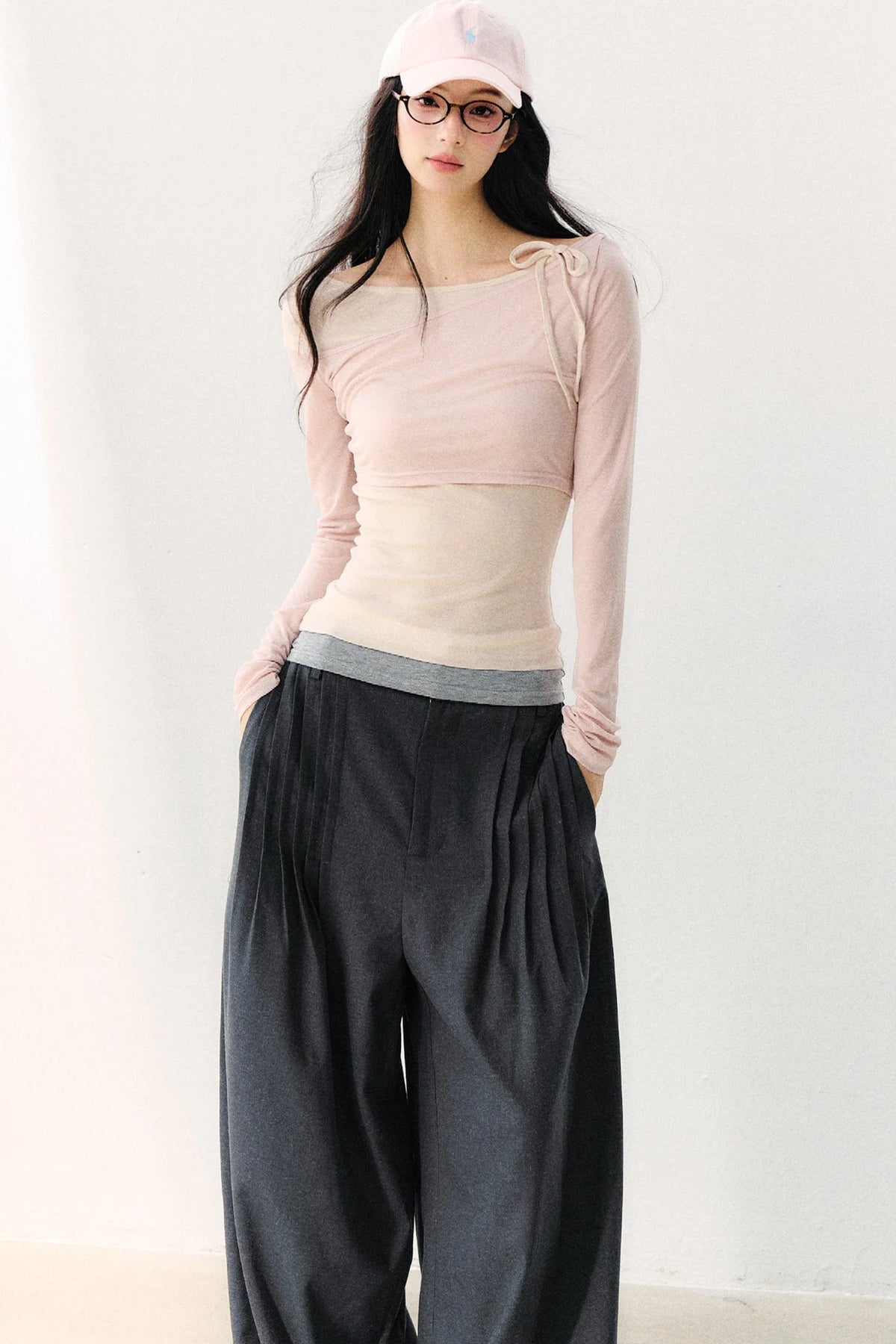 Asymmetric Off-Shoulder Tie-Up Color Block Long Sleeve Top