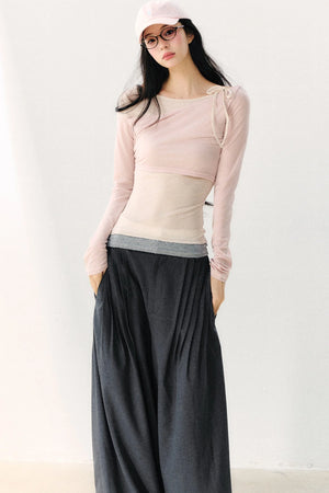 Asymmetric Off-Shoulder Tie-Up Color Block Long Sleeve Top