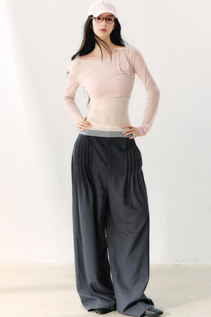 Asymmetric Off-Shoulder Tie-Up Color Block Long Sleeve Top