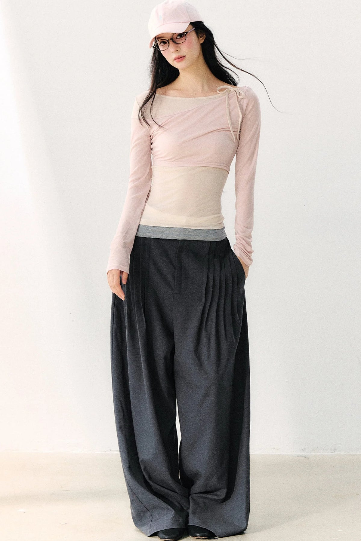 Asymmetric Off-Shoulder Tie-Up Color Block Long Sleeve Top