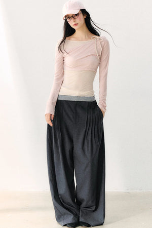Asymmetric Off-Shoulder Tie-Up Color Block Long Sleeve Top