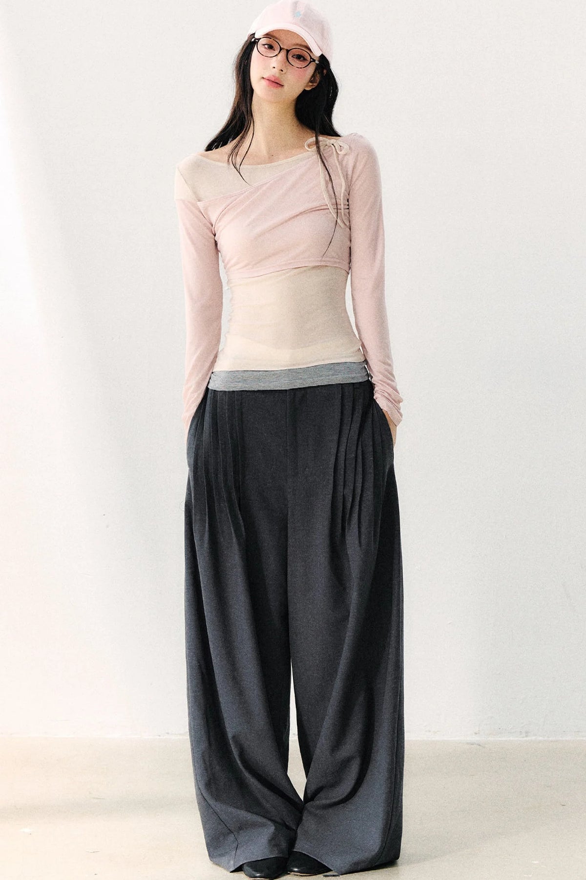Asymmetric Off-Shoulder Tie-Up Color Block Long Sleeve Top