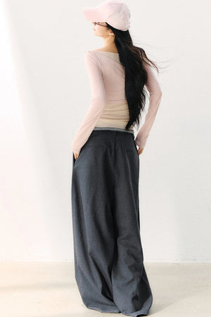 Asymmetric Off-Shoulder Tie-Up Color Block Long Sleeve Top
