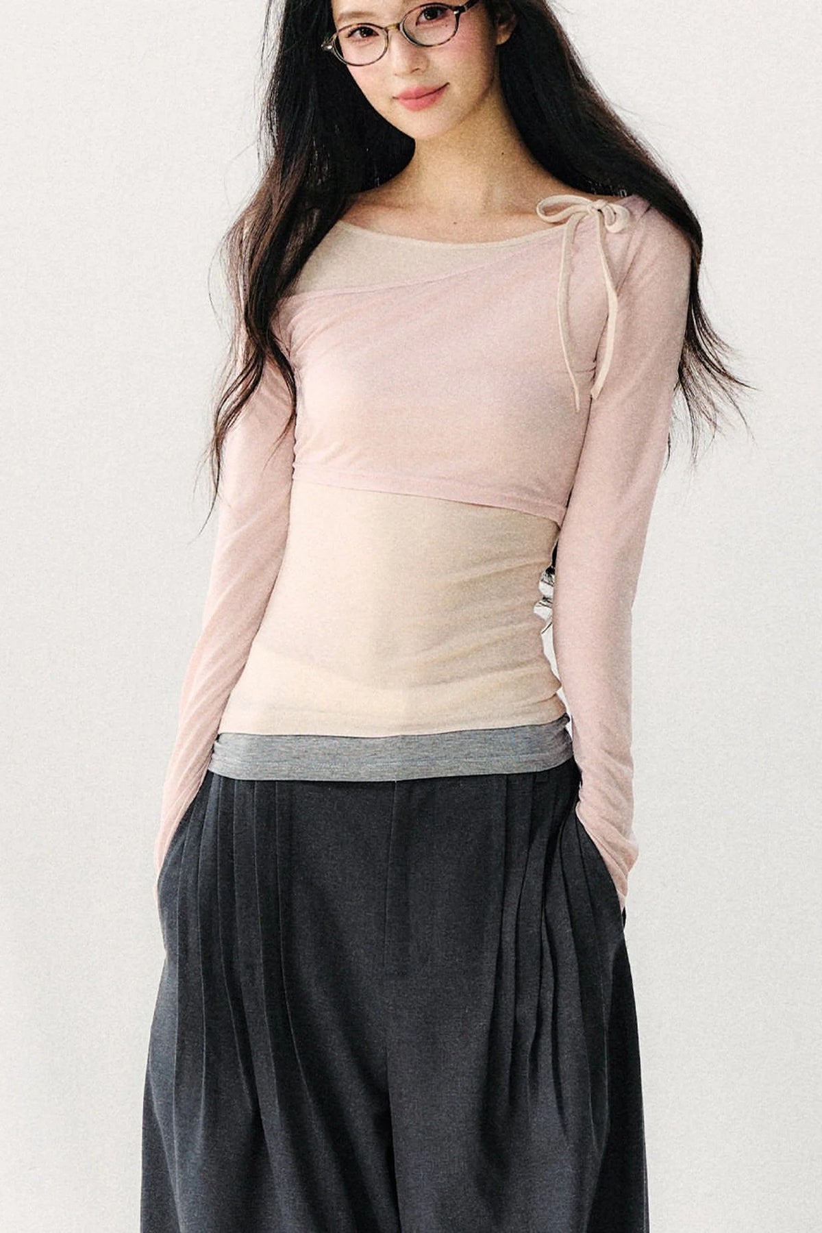 Asymmetric Off-Shoulder Tie-Up Color Block Long Sleeve Top