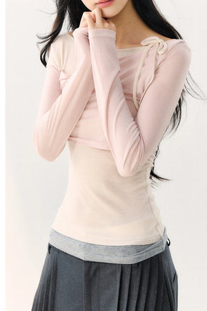 Asymmetric Off-Shoulder Tie-Up Color Block Long Sleeve Top