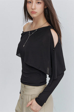Asymmetric One-Shoulder Button Shawl Long Sleeve Top