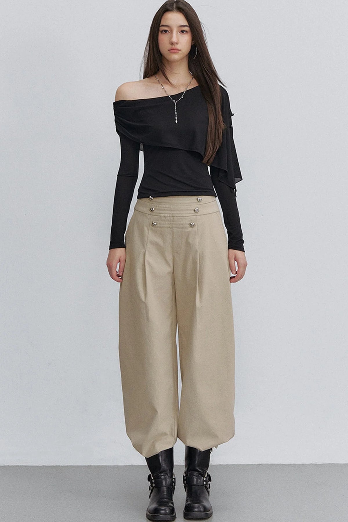 Asymmetric One-Shoulder Button Shawl Long Sleeve Top