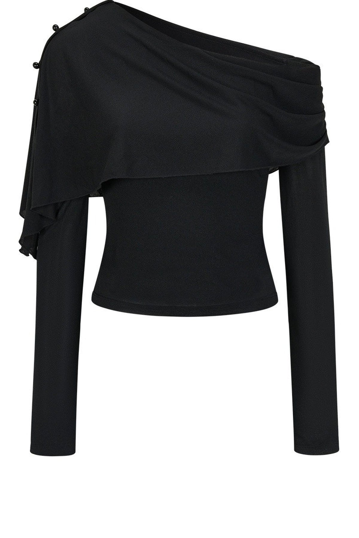 Asymmetric One-Shoulder Button Shawl Long Sleeve Top