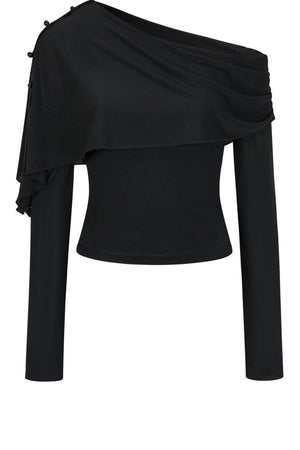 Asymmetric One-Shoulder Button Shawl Long Sleeve Top