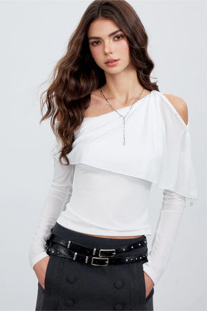 Asymmetric One-Shoulder Button Shawl Long Sleeve Top