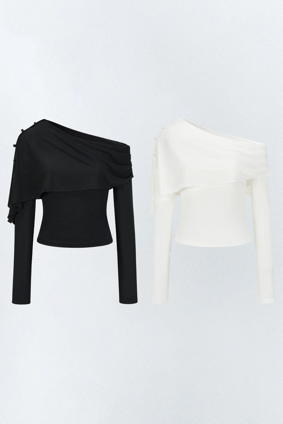 Asymmetric One-Shoulder Button Shawl Long Sleeve Top