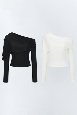 Asymmetric One-Shoulder Button Shawl Long Sleeve Top