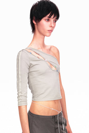 Asymmetrical Color-Button Off-Shoulder Top