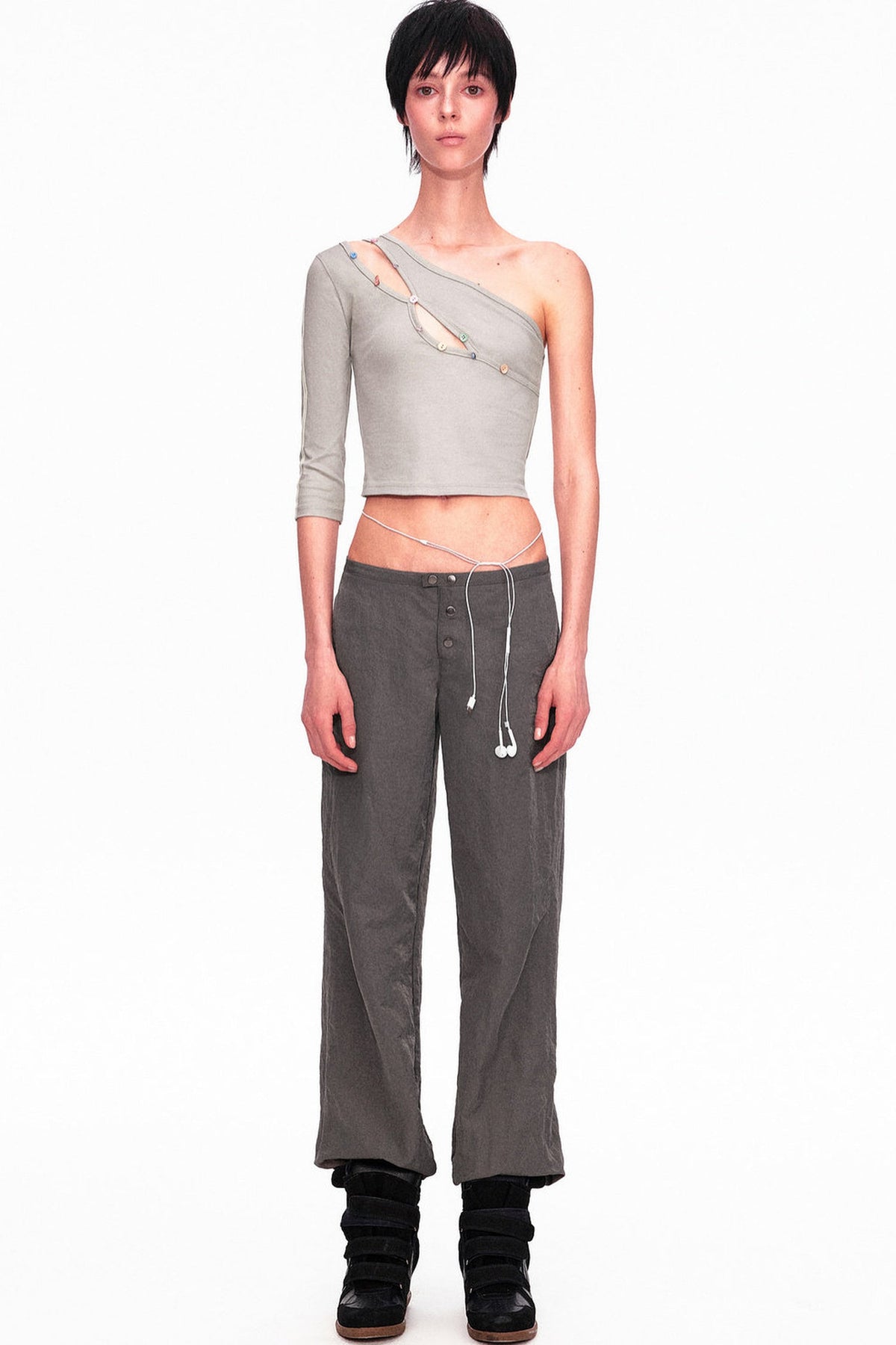 Asymmetrical Color-Button Off-Shoulder Top