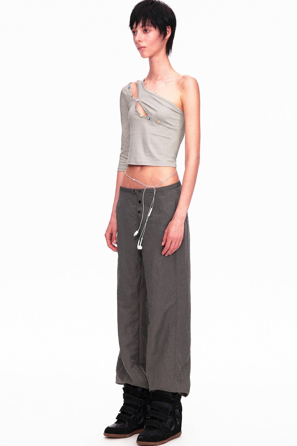 Asymmetrical Color-Button Off-Shoulder Top