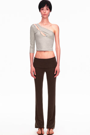 Asymmetrical Color-Button Off-Shoulder Top