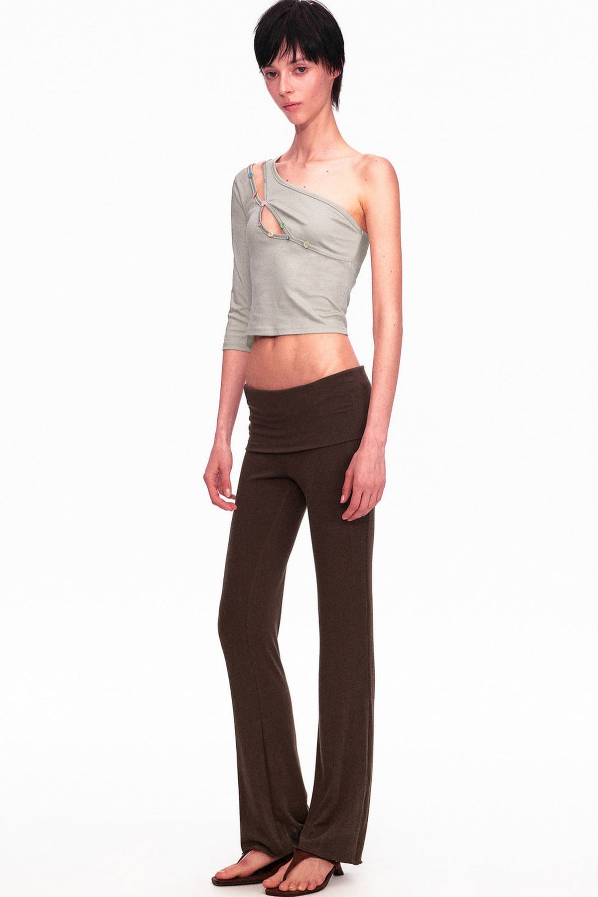 Asymmetrical Color-Button Off-Shoulder Top