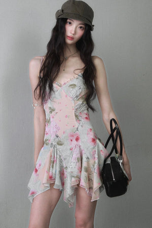 Asymmetrical Floral Print Suspender Dress