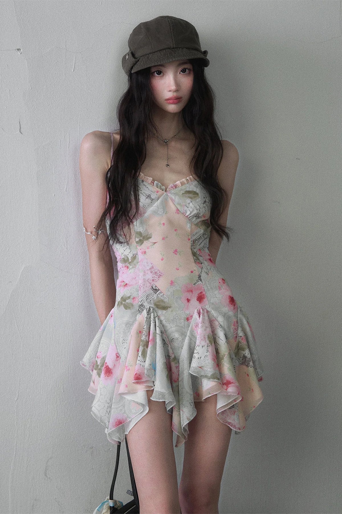 Asymmetrical Floral Print Suspender Dress