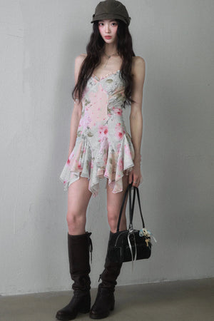 Asymmetrical Floral Print Suspender Dress