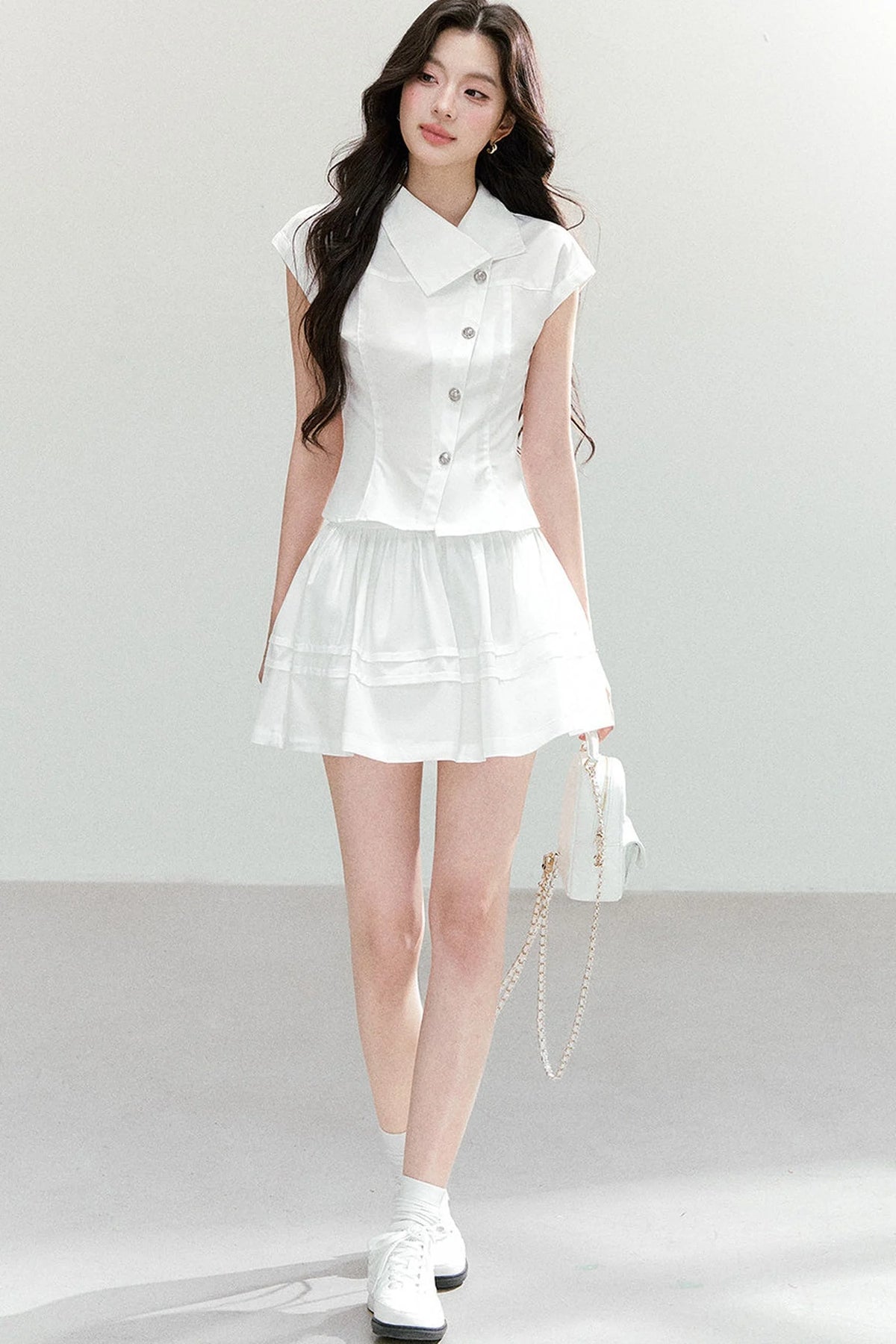 Asymmetrical Lapel Waist-Cinching Top Set-Up